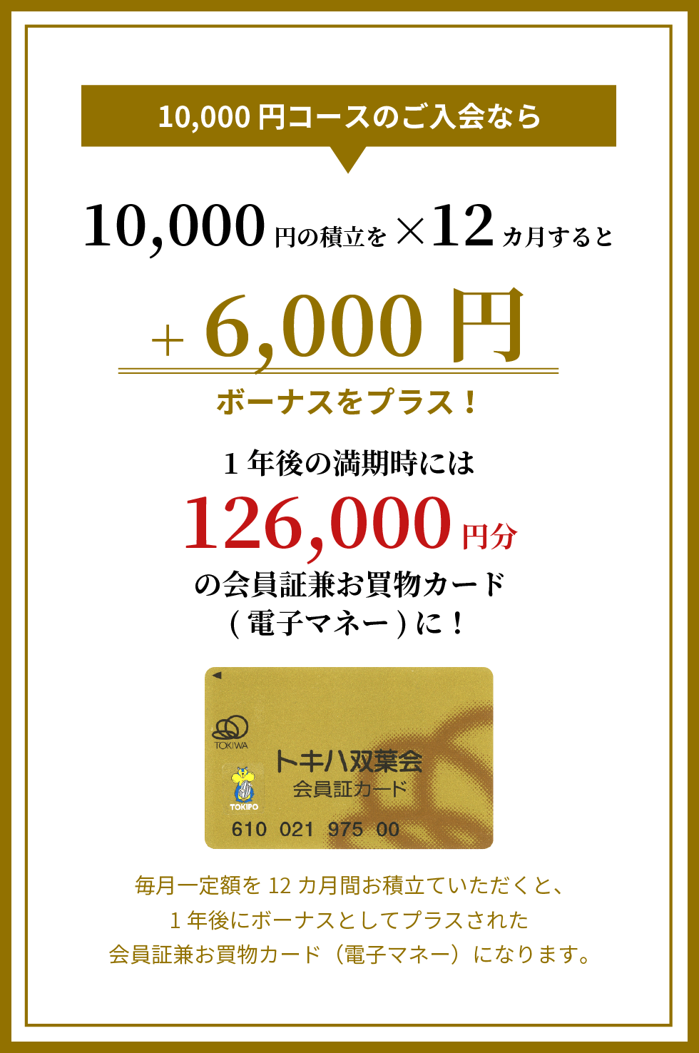 10,000円コースのご入会なら、10,000円の積立を12ヶ月すると6,000円ボーナスをプラス！1年後の満期時には126,000円分の会員証兼お買物カード（電子マネー）に！