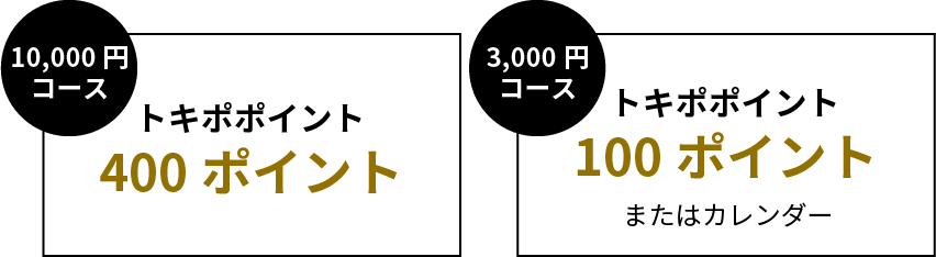 10,000円コース　トキポポイント400ポイント、3,000円コース　トキポポイント100ポイントまたはカレンダー